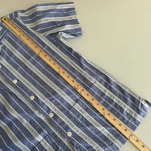 Todd Snyder Mens Blue White Striped Short Sleeve Camp Shirt Cotton Size M